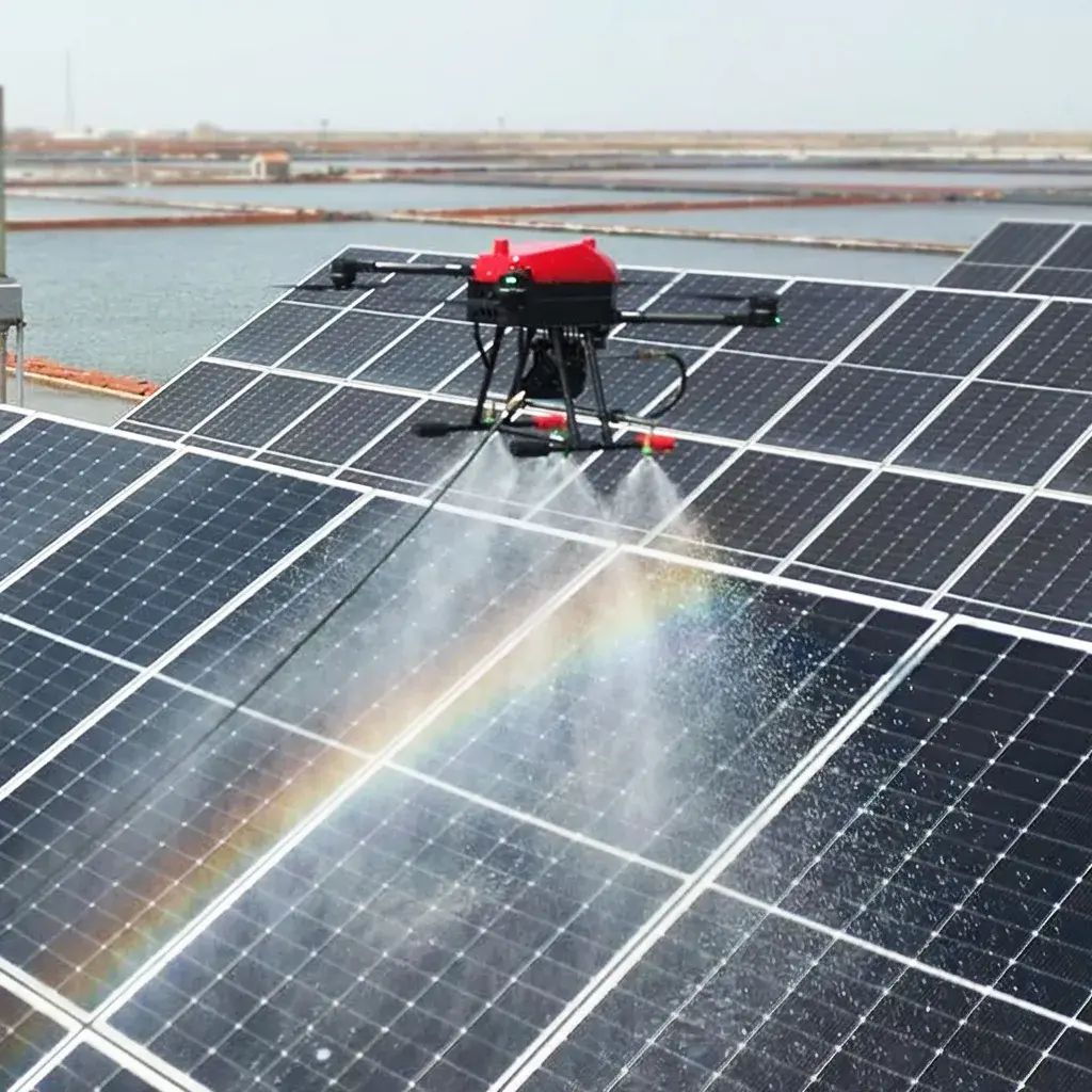 Demostración de limpieza con dron sobre paneles solares